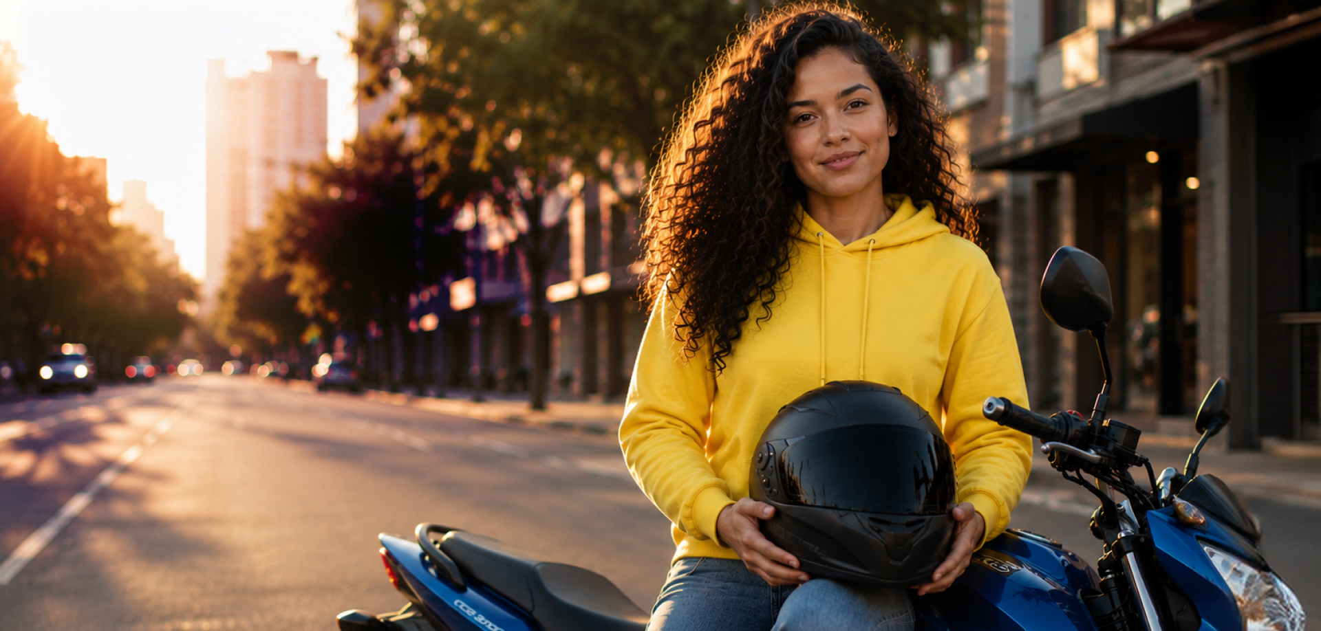 Cliente segurando capacete ao lado da moto